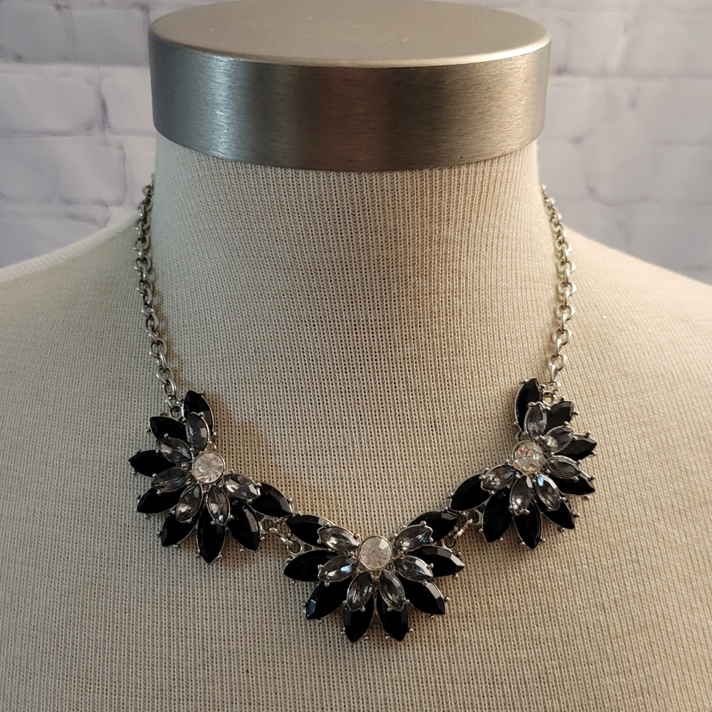 Statement Necklace Silvertone Crystals - image 1